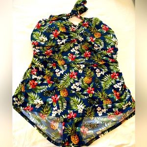 Gorgeous Navy Floral & Pineapple Print One Print Bathing Suit - Size 16W